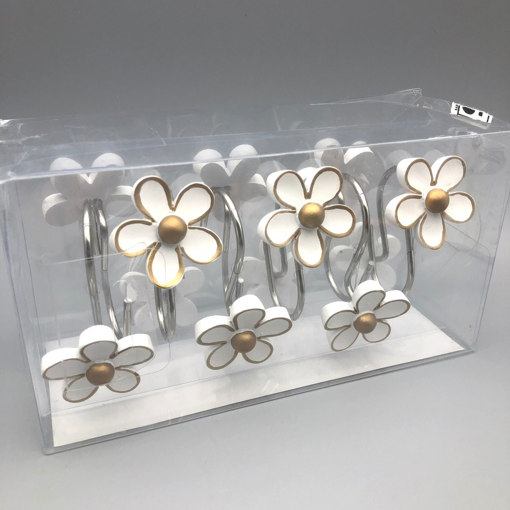 Simple Clever Homes Daisy Flower Shower Curtain Hooks Set of 12 White Gold Resin